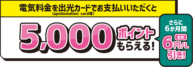 
							電気料金を出光カード(apollostation card等) でお支払いいただくと 5,000ポイントもらえる！
							さらに6ヶ月間合計6円/L引き！
						