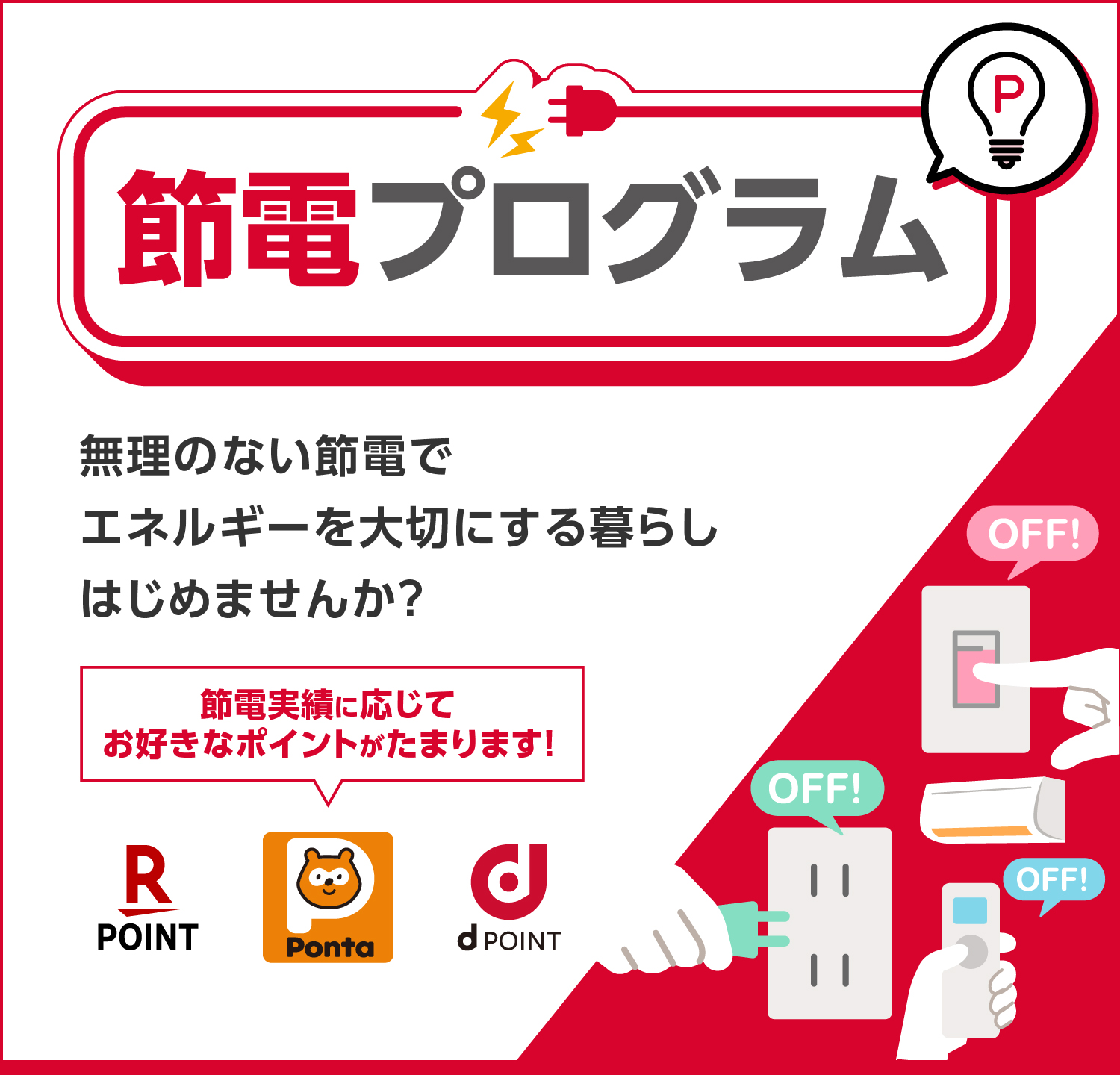 節電プログラム 無理のない節電でエネルギーを大切にする暮らしはじめませんか？
									節電実績に応じてお好きなポイントがたまります！