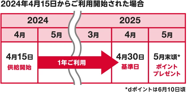 
									2024年4月からご利用開始された場合
									2024年4月15日 供給開始
									(1年ご利用)
									2025年4月30日 基準日
									2025年5月末頃 ポイントプレゼント※dポイントは6月10日頃
									