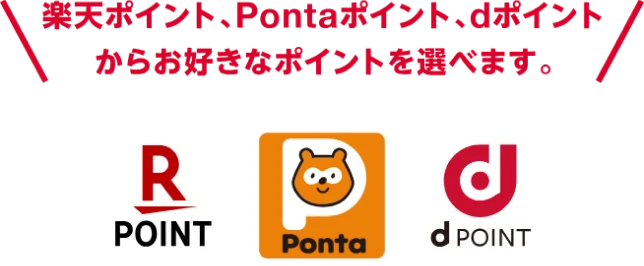楽天ポイント、Pontaポイント、dポイントからお好きなポイントを選べます。